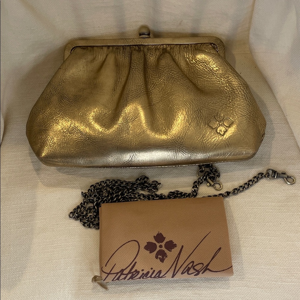 Patricia Nash Metallic Gold Leather Frame Clutch with Chain Strap